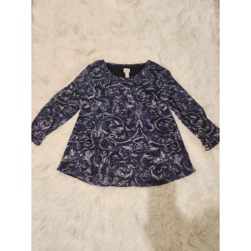 Chicos Metallic Scroll Print Blouse Navy Blue Silver 3/4 Sleeve Top Size 3 XL